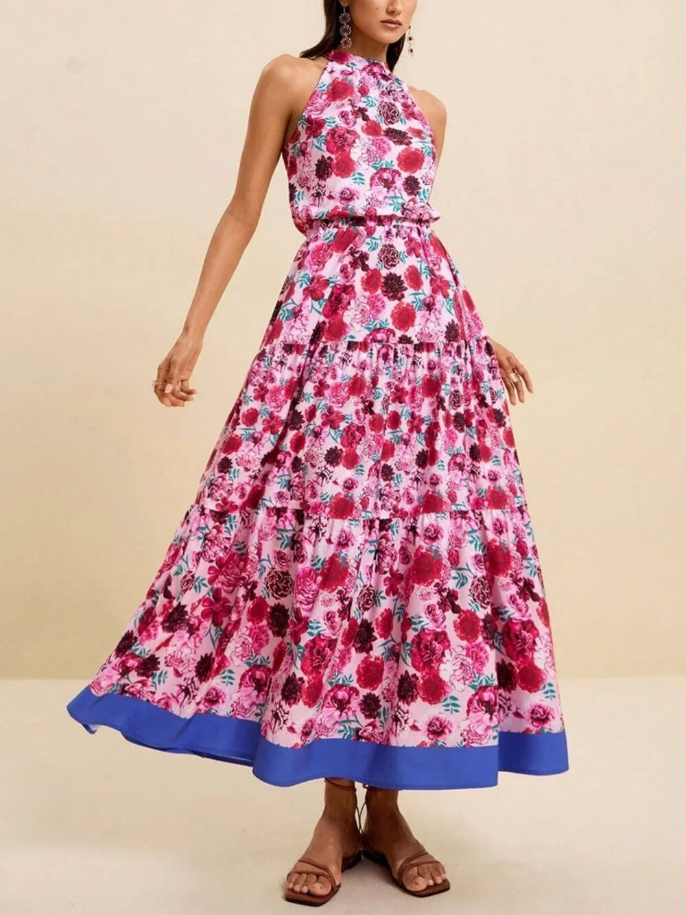 Multicolor Boho Women's Sleeveless Ditsy Floral Waist Cinched Dress